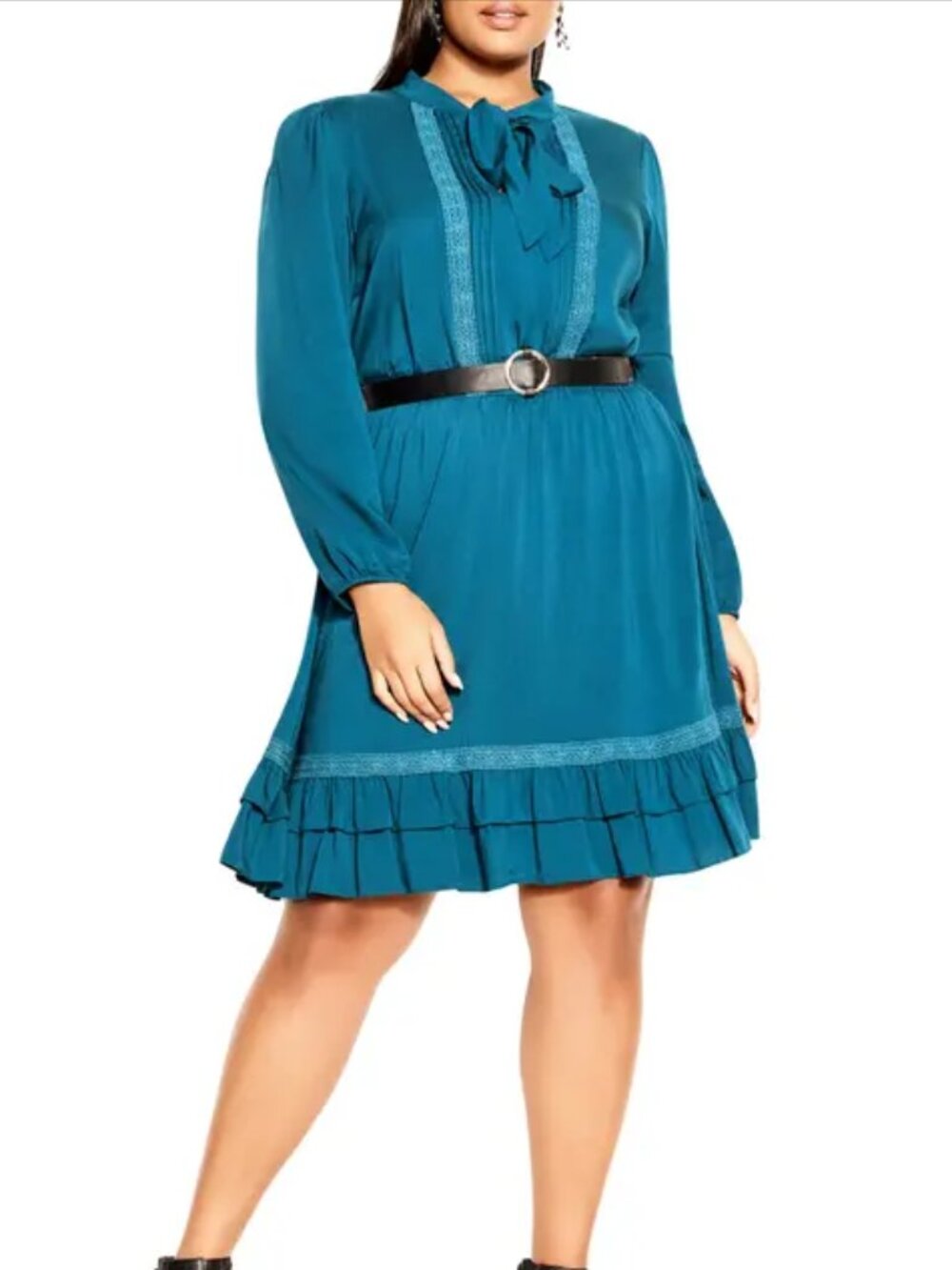 City Chic Tie Dress 18 Teal Blue Lace Ruffle Boho Plus Size
